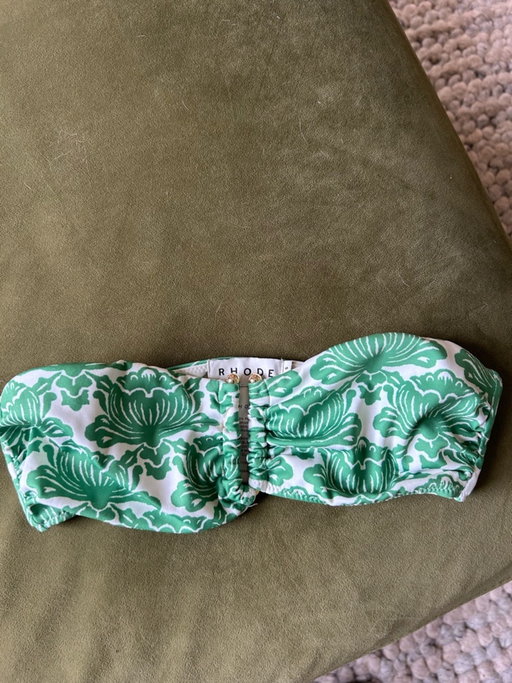 RHODE Green and White Floral Bikini Top with Gold Accents